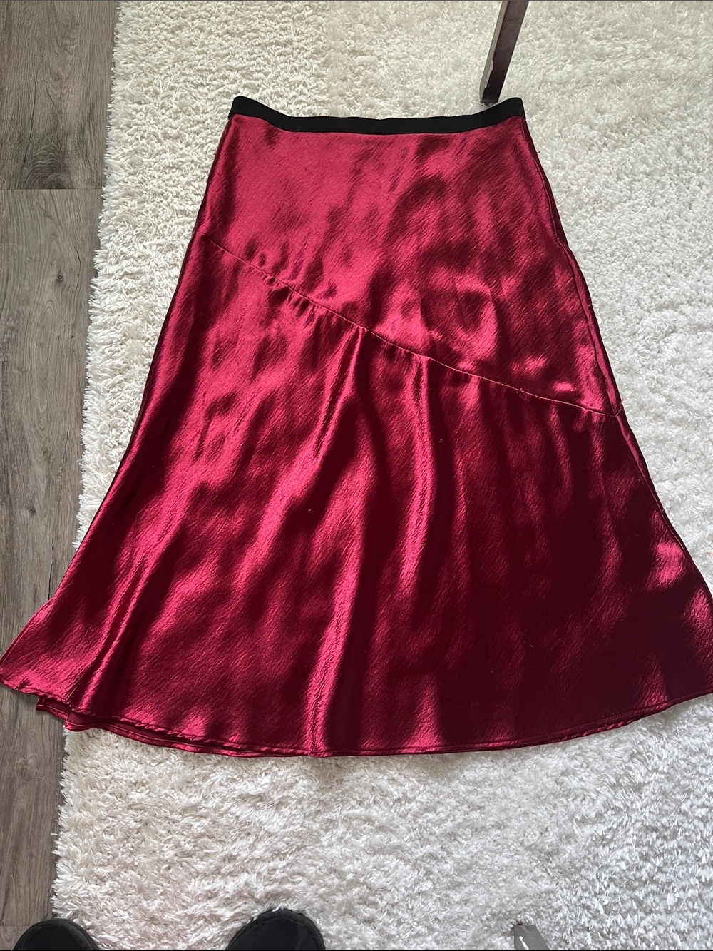 Satin Midi Skirt in Rich Burgundy with Contrast Waistband